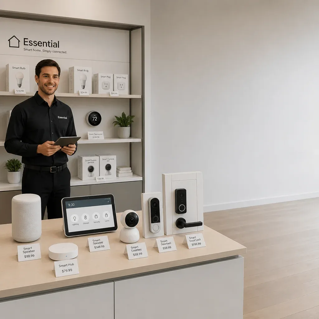 Smart home devices arranged in a living room